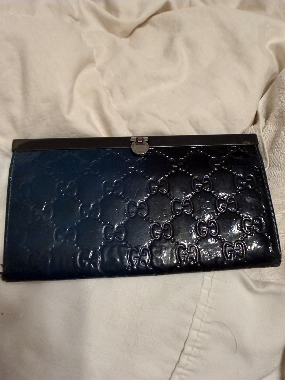 Gucci Navy Patent Leather GG-Embossed Continental Clutch
